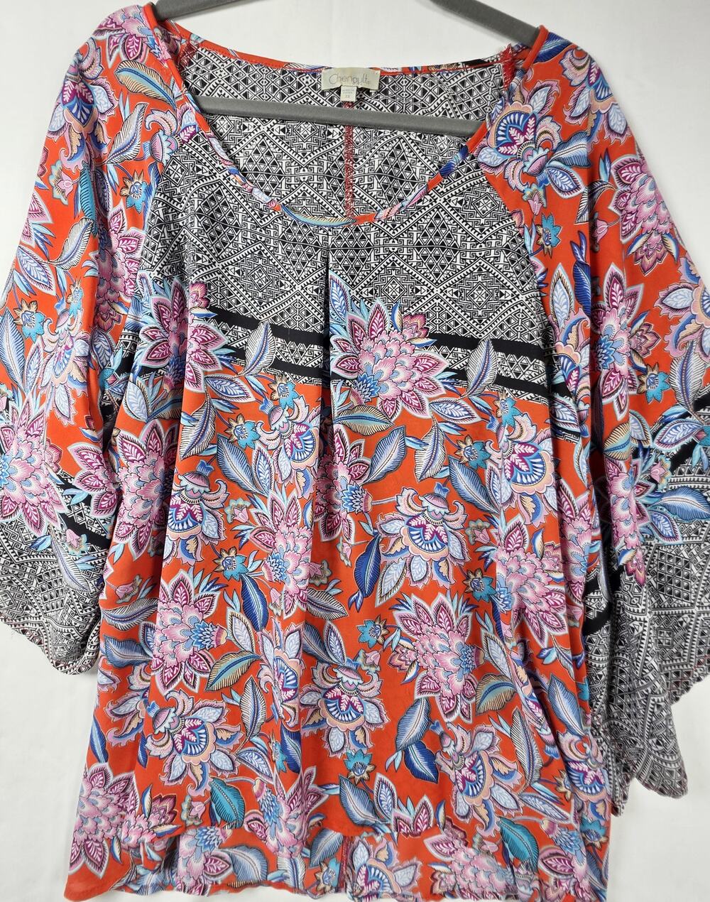 Chenault Women's Floral Paisley Boho Tunic Top Kimono Sleeves Size XL